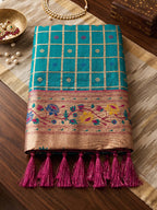 Monjolika Fashion Aqua Blue Banarasi Silk Blend Saree With Paithani Floral Pallu | Grocsy