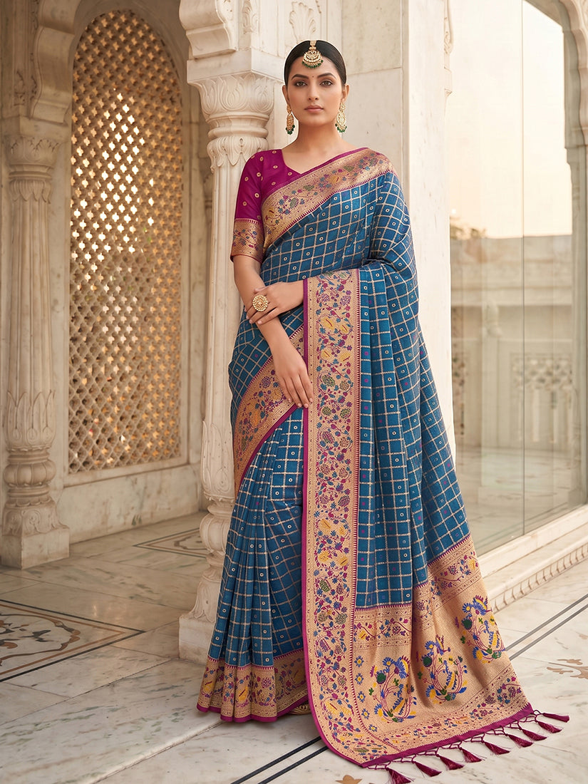 Monjolika Fashion Steel Blue Banarasi Silk Blend Saree With Paithani Floral Pallu | Grocsy