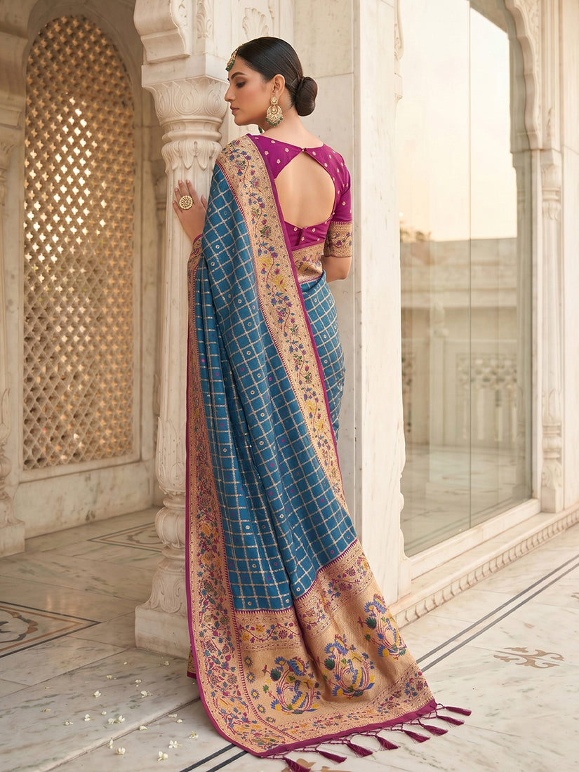 Monjolika Fashion Steel Blue Banarasi Silk Blend Saree With Paithani Floral Pallu | Grocsy