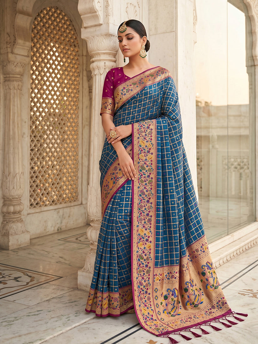 Monjolika Fashion Steel Blue Banarasi Silk Blend Saree With Paithani Floral Pallu | Grocsy