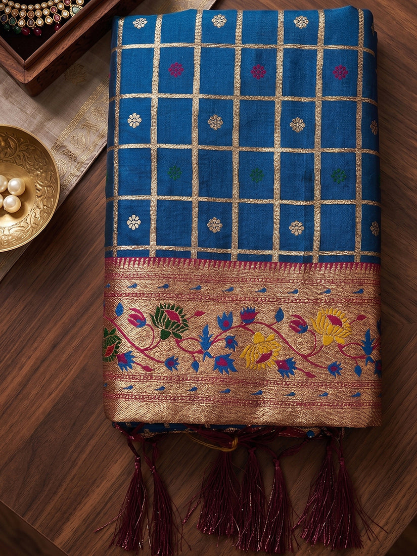 Monjolika Fashion Steel Blue Banarasi Silk Blend Saree With Paithani Floral Pallu | Grocsy