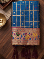 Monjolika Fashion Steel Blue Banarasi Silk Blend Saree With Paithani Floral Pallu | Grocsy