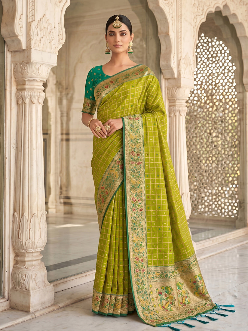 Monjolika Fashion Olive Green Banarasi Silk Blend Saree With Paithani Floral Pallu | Grocsy
