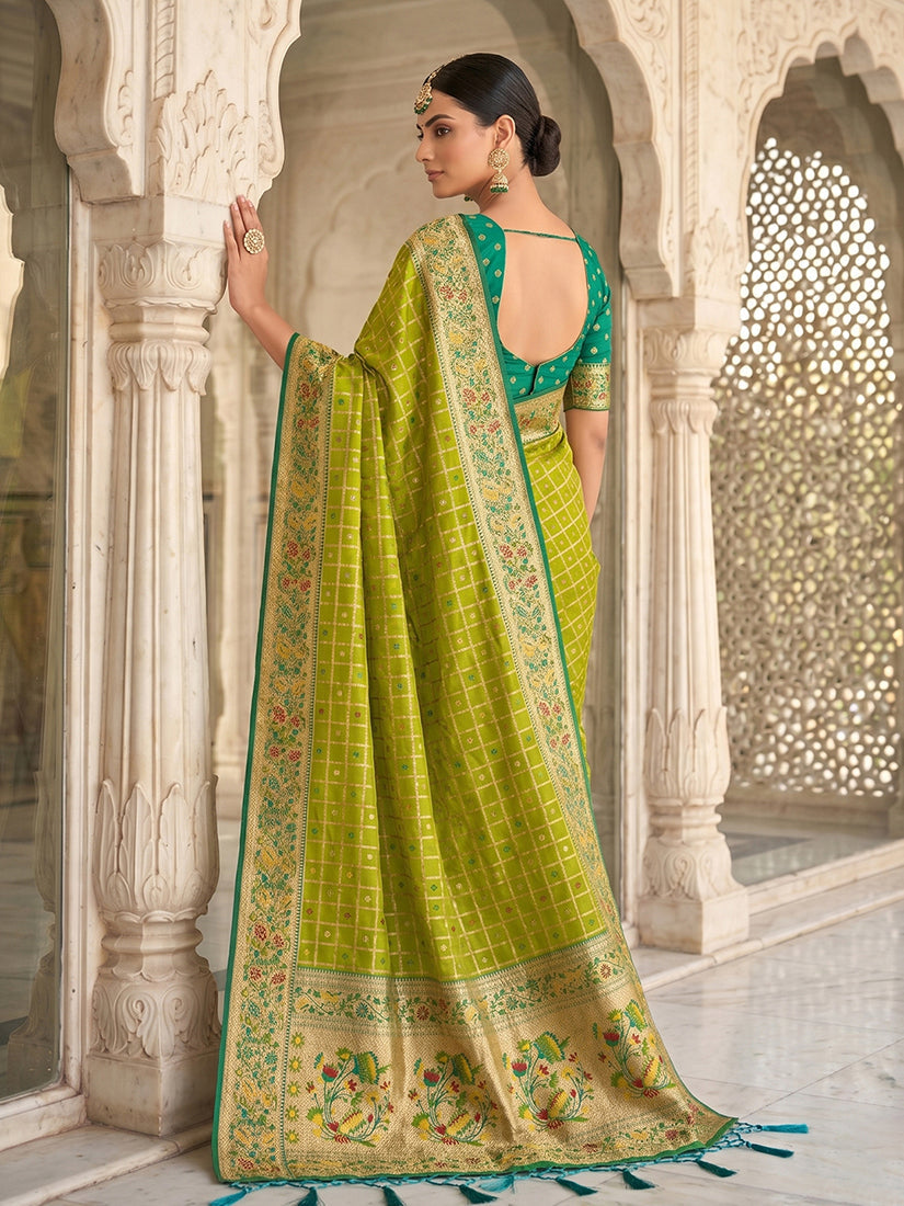 Monjolika Fashion Olive Green Banarasi Silk Blend Saree With Paithani Floral Pallu | Grocsy