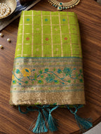Monjolika Fashion Olive Green Banarasi Silk Blend Saree With Paithani Floral Pallu | Grocsy