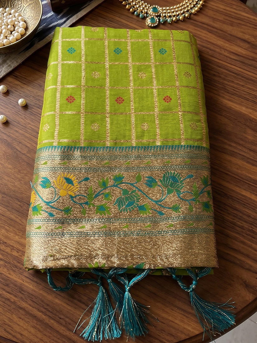 Monjolika Fashion Olive Green Banarasi Silk Blend Saree With Paithani Floral Pallu | Grocsy