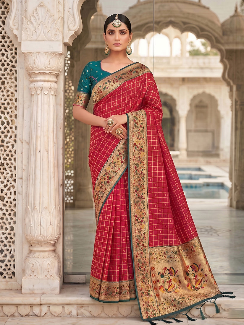 Monjolika Fashion Red Banarasi Silk Blend Saree With Paithani Floral Pallu | Grocsy