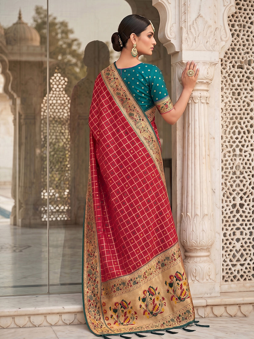 Monjolika Fashion Red Banarasi Silk Blend Saree With Paithani Floral Pallu | Grocsy