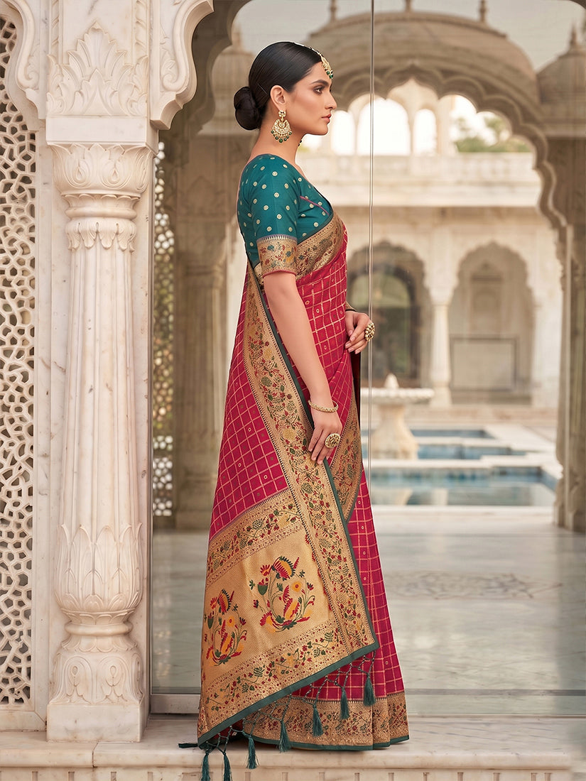 Monjolika Fashion Red Banarasi Silk Blend Saree With Paithani Floral Pallu | Grocsy