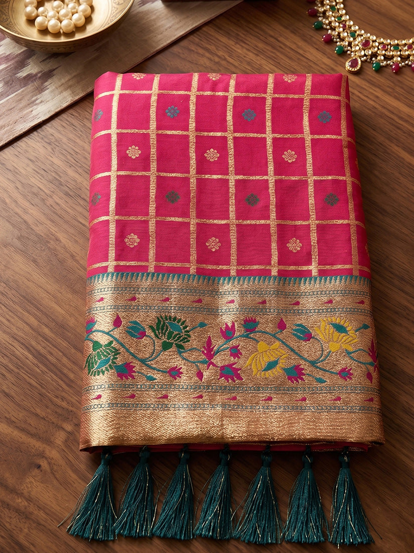 Monjolika Fashion Red Banarasi Silk Blend Saree With Paithani Floral Pallu | Grocsy