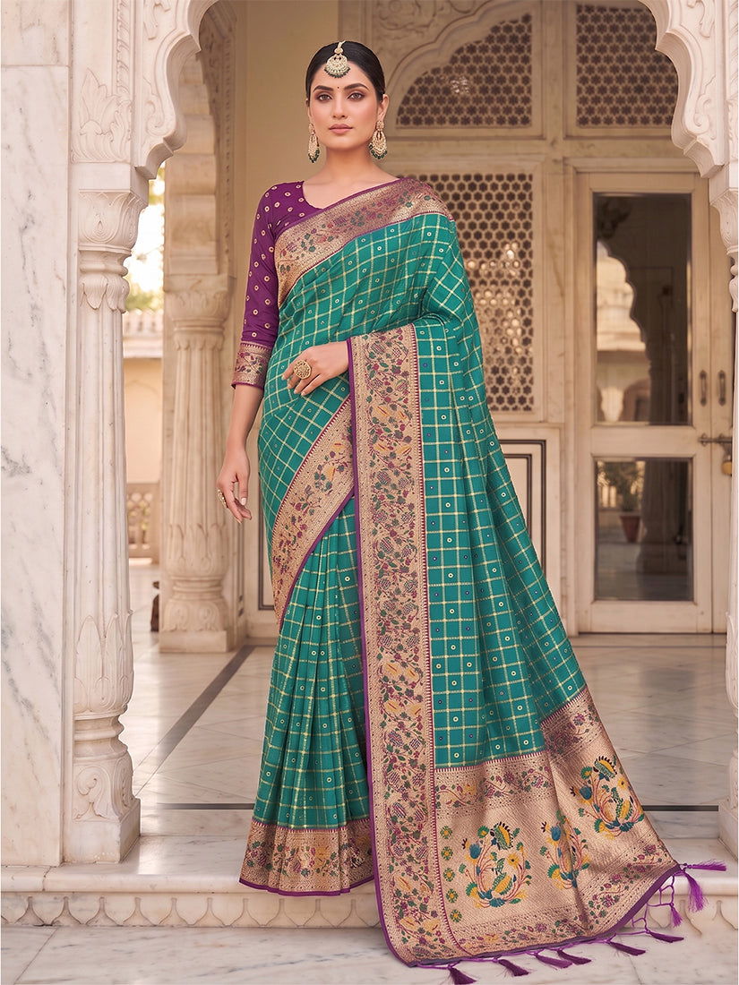 Monjolika Fashion Teal Banarasi Silk Blend Saree With Paithani Floral Pallu | Grocsy