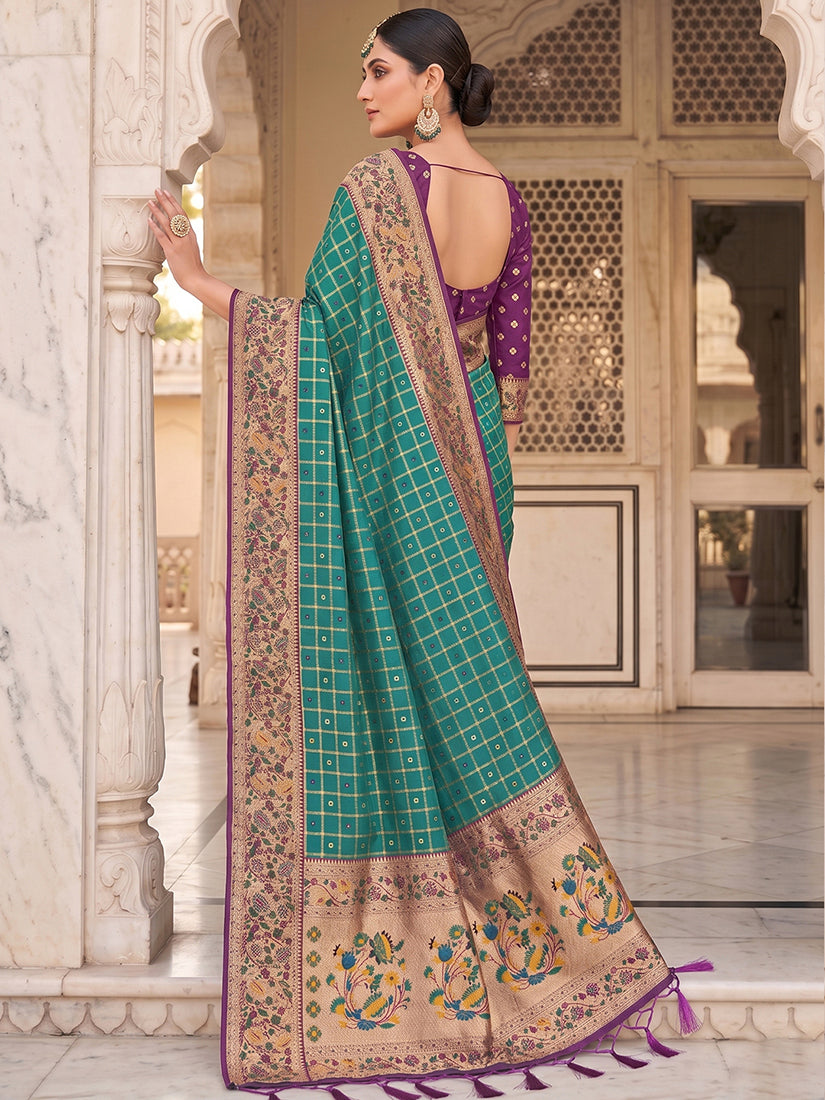 Monjolika Fashion Teal Banarasi Silk Blend Saree With Paithani Floral Pallu | Grocsy