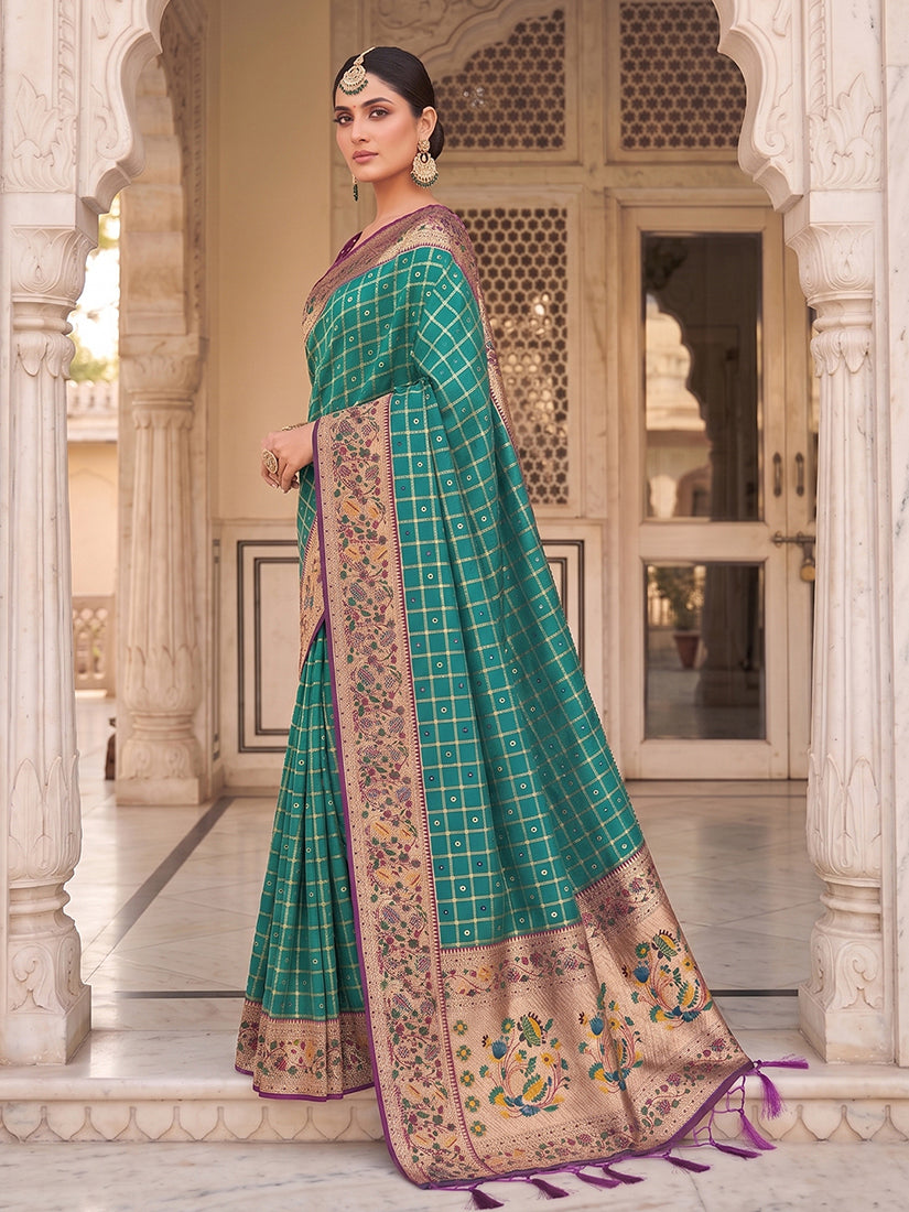Monjolika Fashion Teal Banarasi Silk Blend Saree With Paithani Floral Pallu | Grocsy