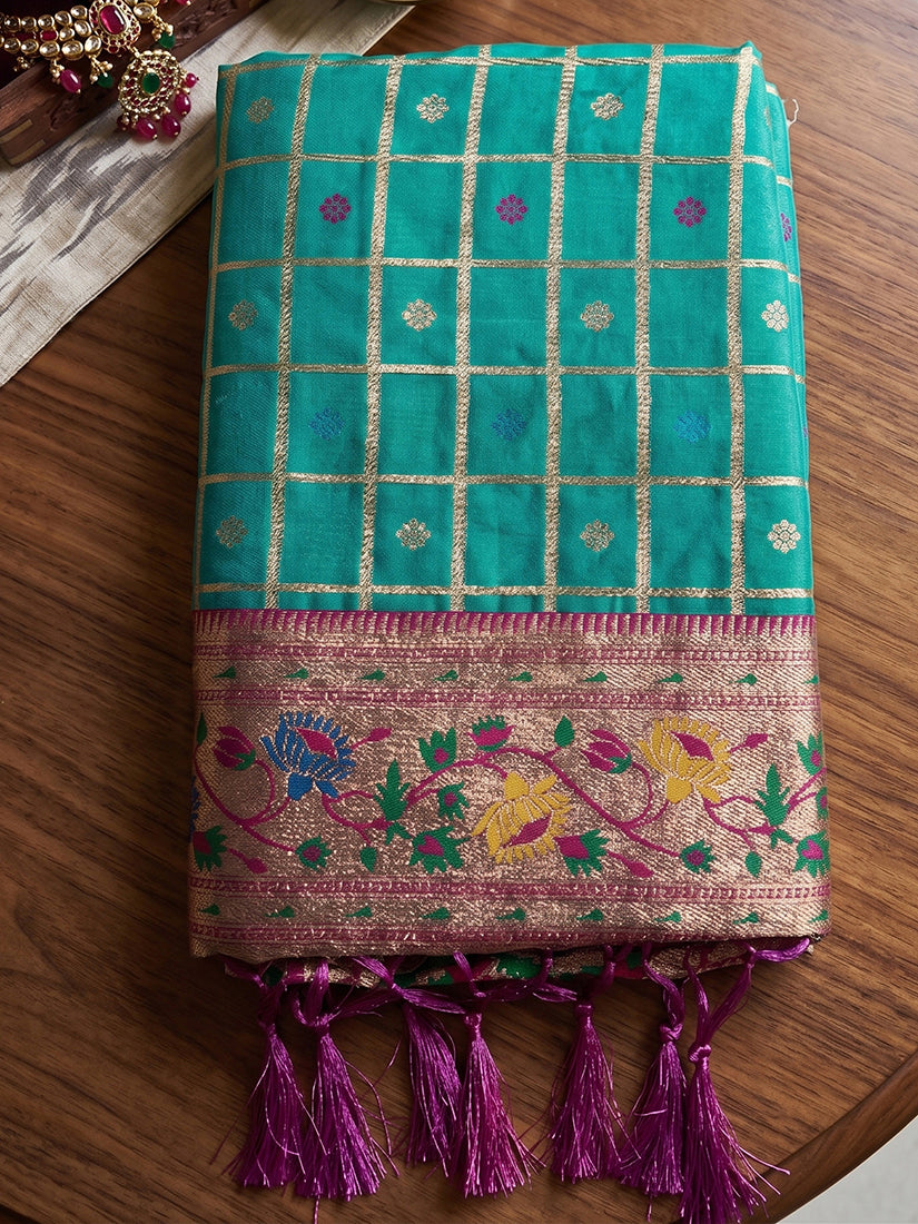 Monjolika Fashion Teal Banarasi Silk Blend Saree With Paithani Floral Pallu | Grocsy