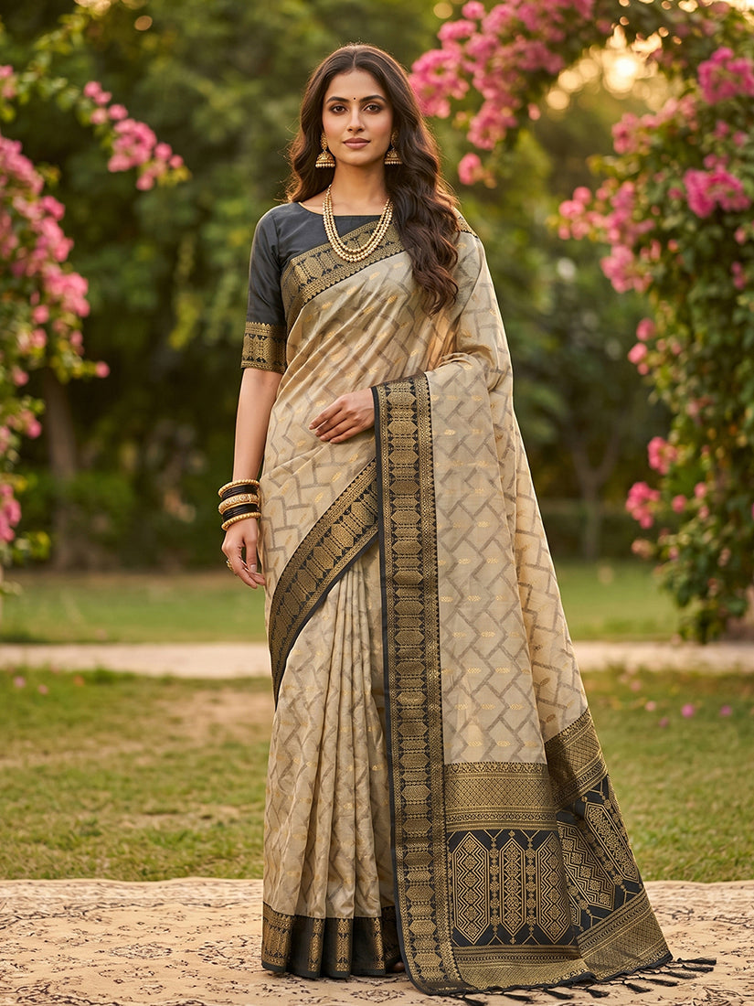 Monjolika Fashion Beige Cotton-Silk Blend Saree with Contrast Black Zari Border | Grocsy