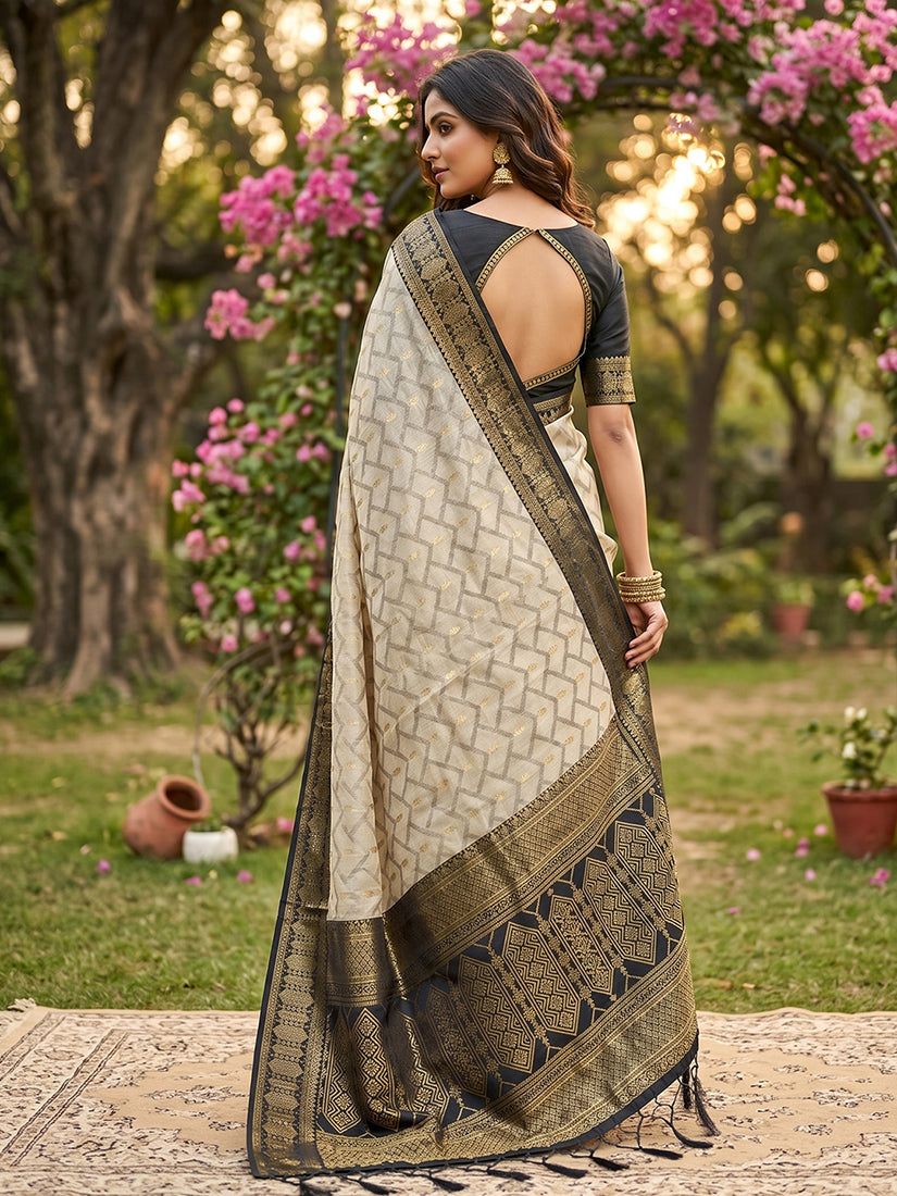 Monjolika Fashion Beige Cotton-Silk Blend Saree with Contrast Black Zari Border | Grocsy