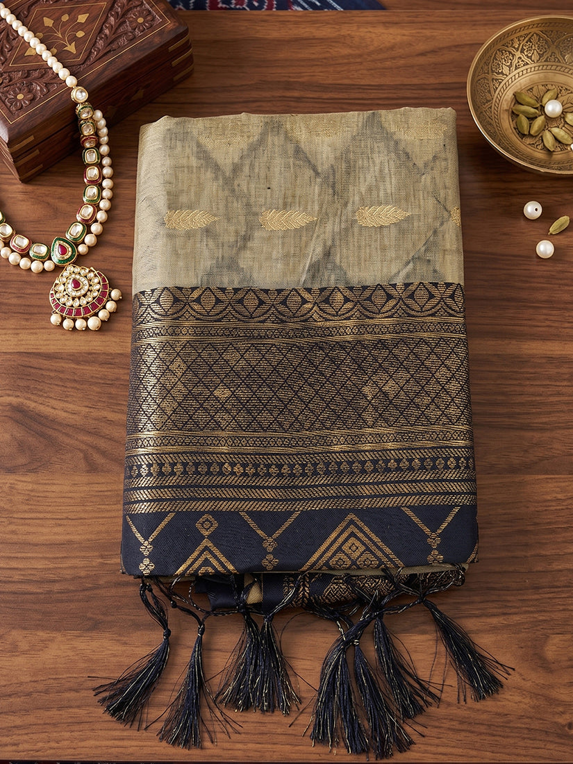 Monjolika Fashion Beige Cotton-Silk Blend Saree with Contrast Black Zari Border | Grocsy