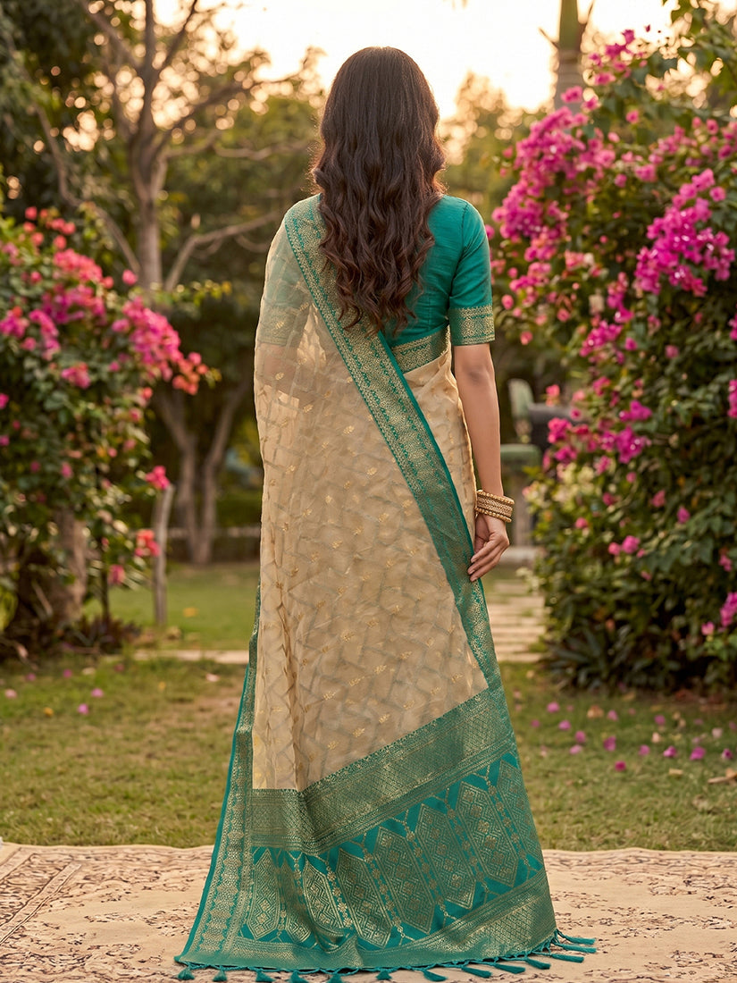 Monjolika Fashion Beige Cotton-Silk Blend Saree with Contrast Rama Green Zari Border | Grocsy