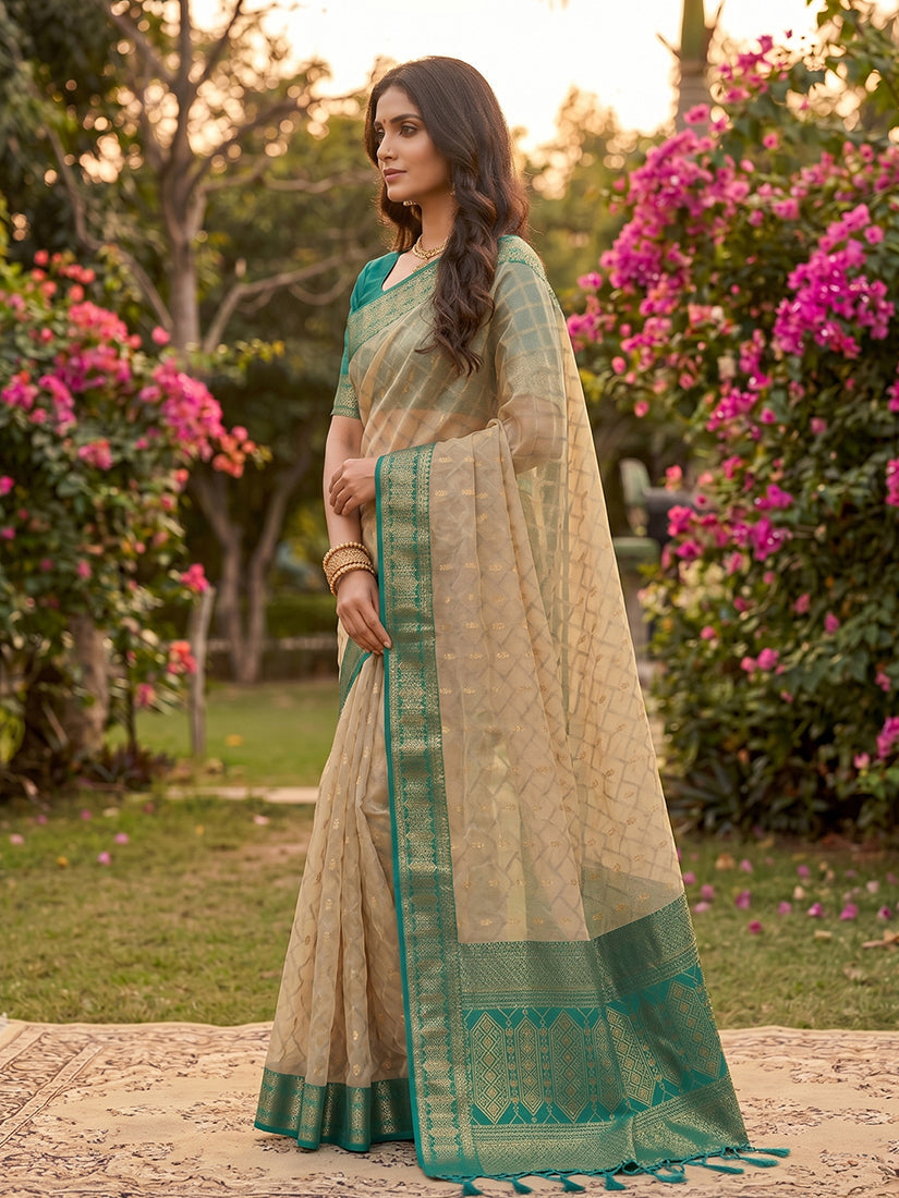 Monjolika Fashion Beige Cotton-Silk Blend Saree with Contrast Rama Green Zari Border | Grocsy