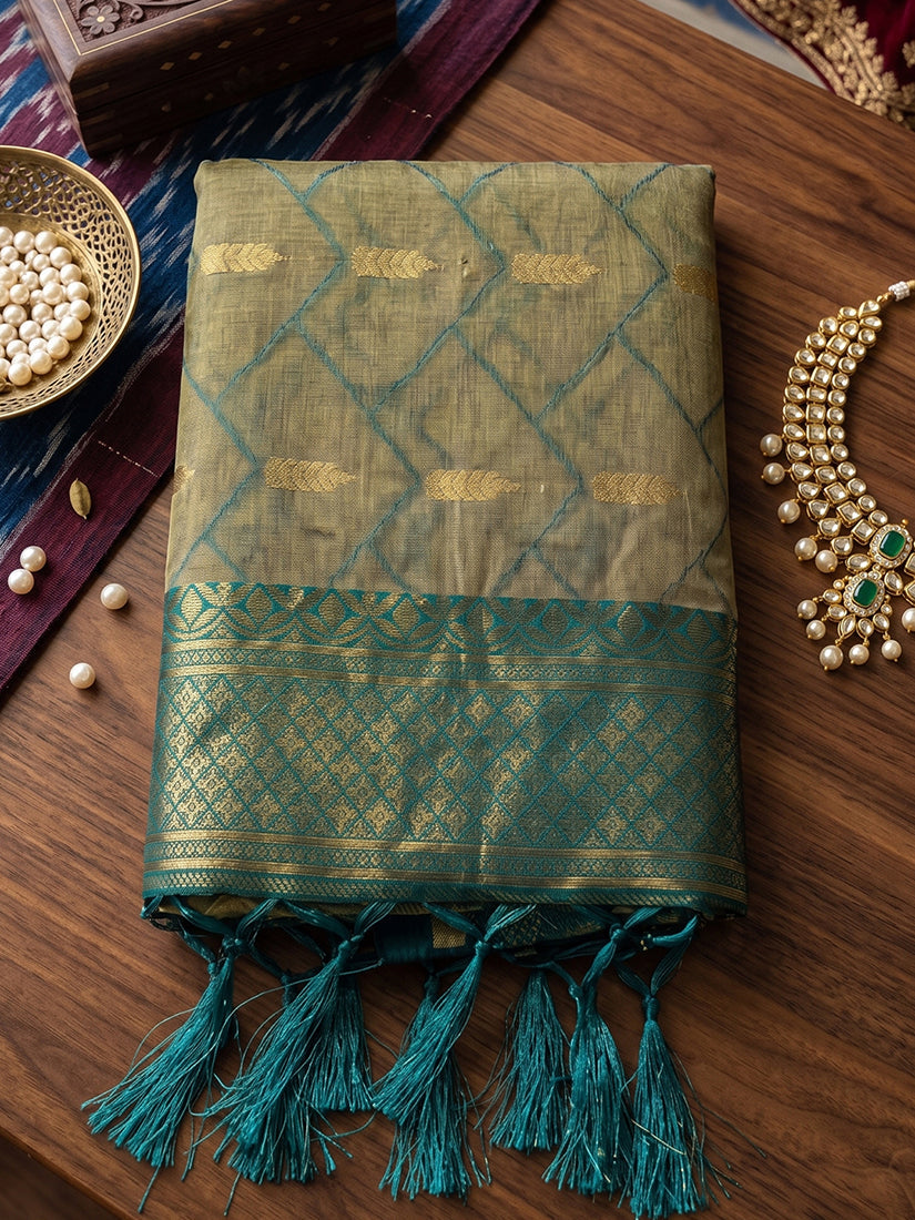 Monjolika Fashion Beige Cotton-Silk Blend Saree with Contrast Rama Green Zari Border | Grocsy