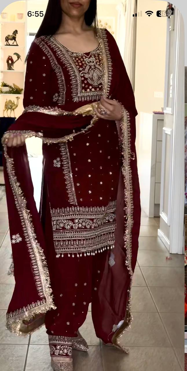 Yash Enterprise Maroon Crepe Silk Party Wear Embroidery Suit Set | Grocsy