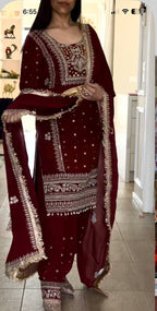 Yash Enterprise Maroon Crepe Silk Party Wear Embroidery Suit Set | Grocsy