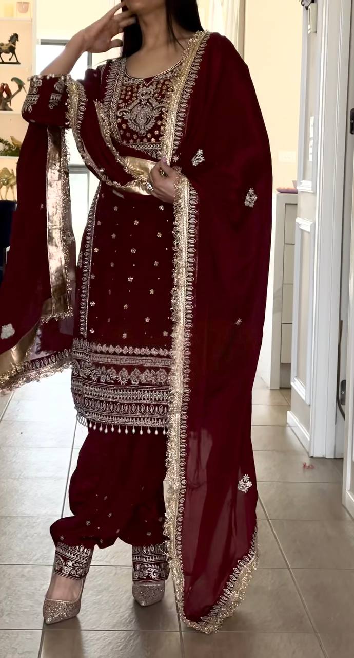 Yash Enterprise Maroon Crepe Silk Party Wear Embroidery Suit Set | Grocsy