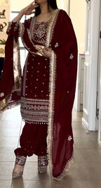 Yash Enterprise Maroon Crepe Silk Party Wear Embroidery Suit Set | Grocsy