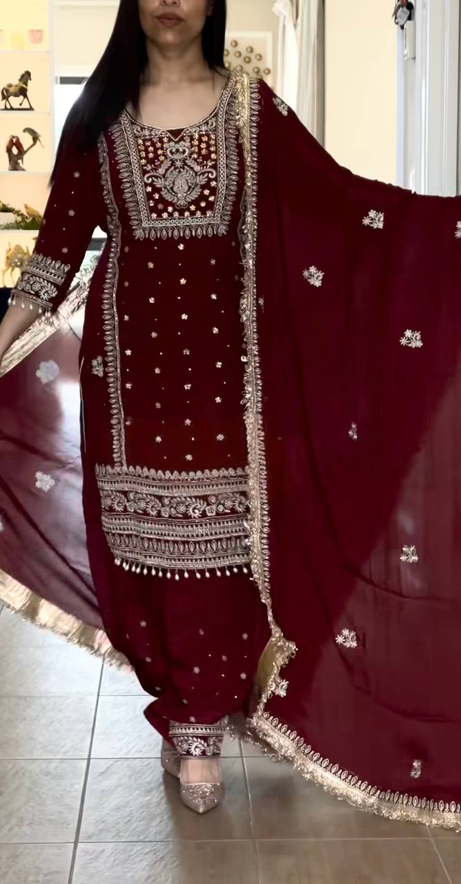 Yash Enterprise Maroon Crepe Silk Party Wear Embroidery Suit Set | Grocsy