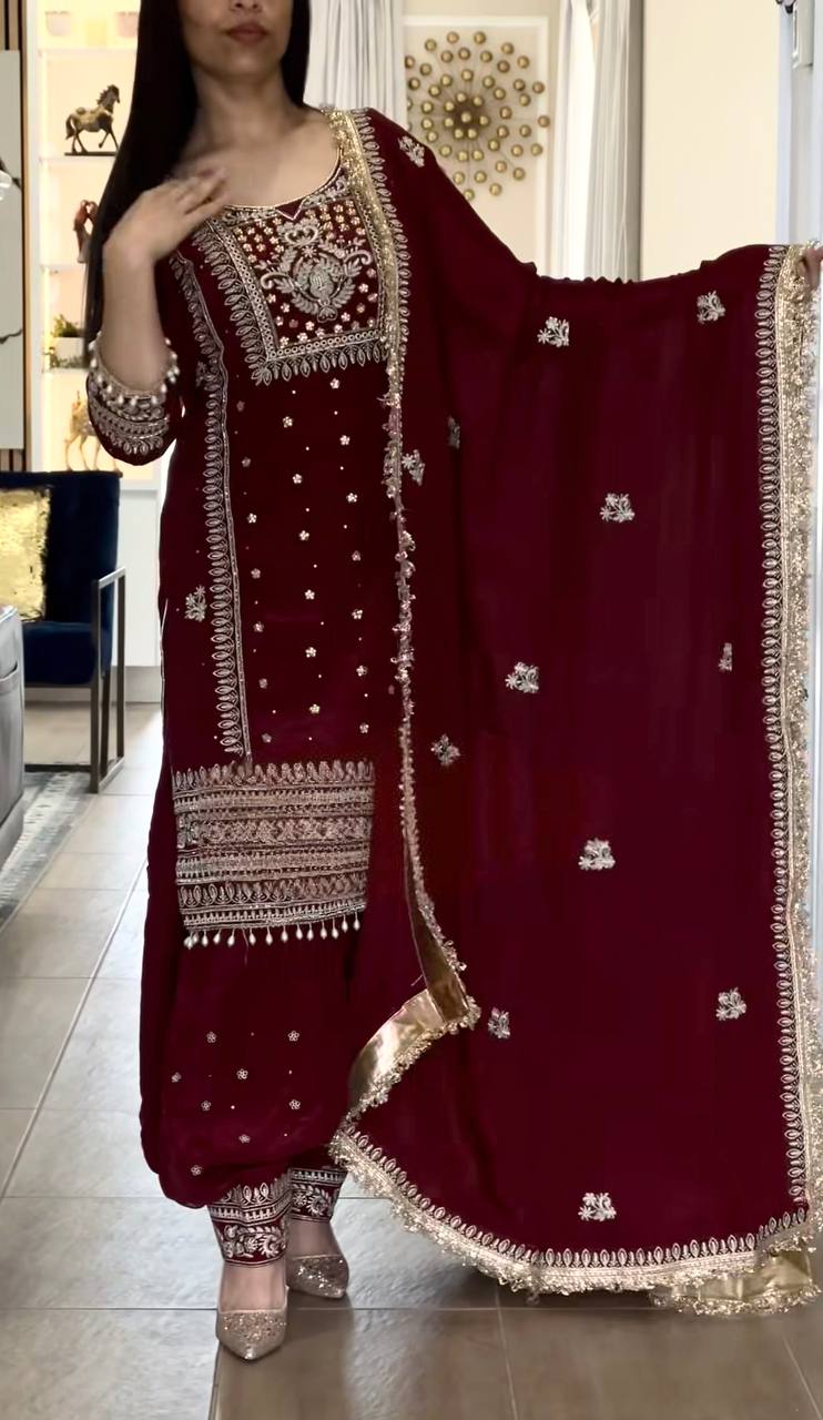 Yash Enterprise Maroon Crepe Silk Party Wear Embroidery Suit Set | Grocsy