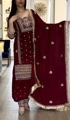Yash Enterprise Maroon Crepe Silk Party Wear Embroidery Suit Set | Grocsy
