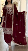 Yash Enterprise Maroon Crepe Silk Party Wear Embroidery Suit Set | Grocsy