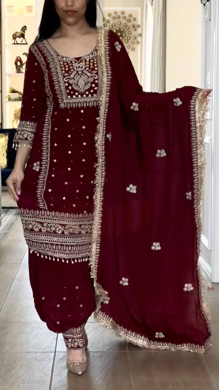 Yash Enterprise Maroon Crepe Silk Party Wear Embroidery Suit Set | Grocsy