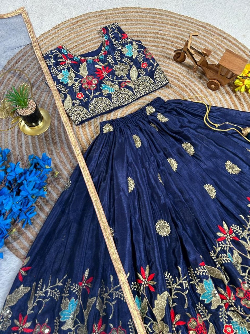 Evanik Blue Designer Sequence Embroidered Work Wedding Kids Lehenga Choli | Grocsy