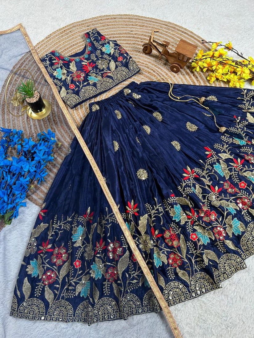 Evanik Blue Designer Sequence Embroidered Work Wedding Kids Lehenga Choli | Grocsy
