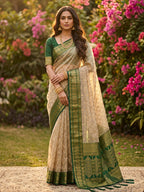 Monjolika Fashion Beige Cotton-Silk Blend Saree with Contrast Dark Green Zari Border | Grocsy