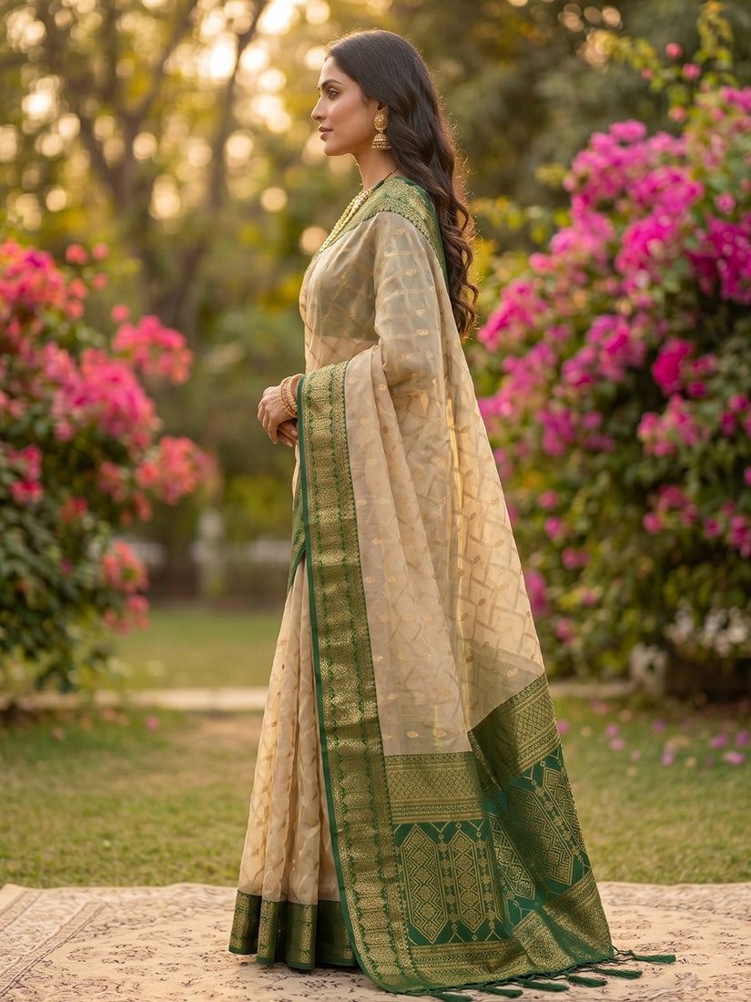 Monjolika Fashion Beige Cotton-Silk Blend Saree with Contrast Dark Green Zari Border | Grocsy
