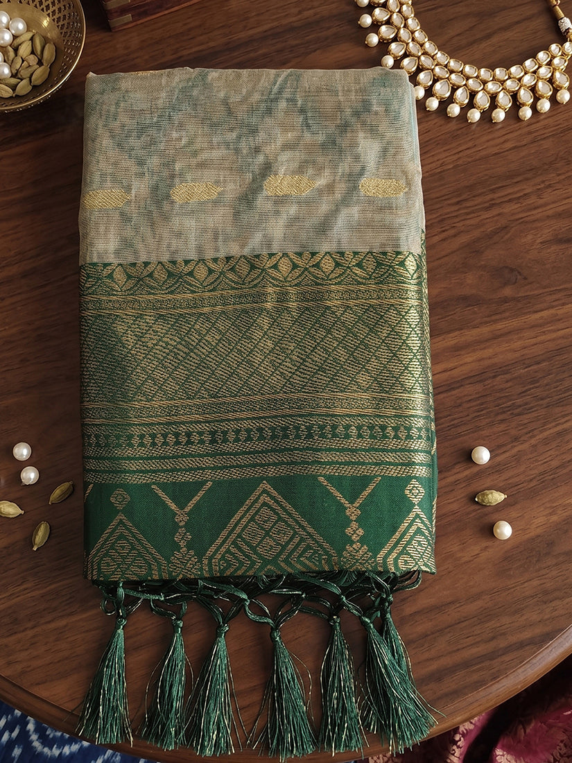 Monjolika Fashion Beige Cotton-Silk Blend Saree with Contrast Dark Green Zari Border | Grocsy
