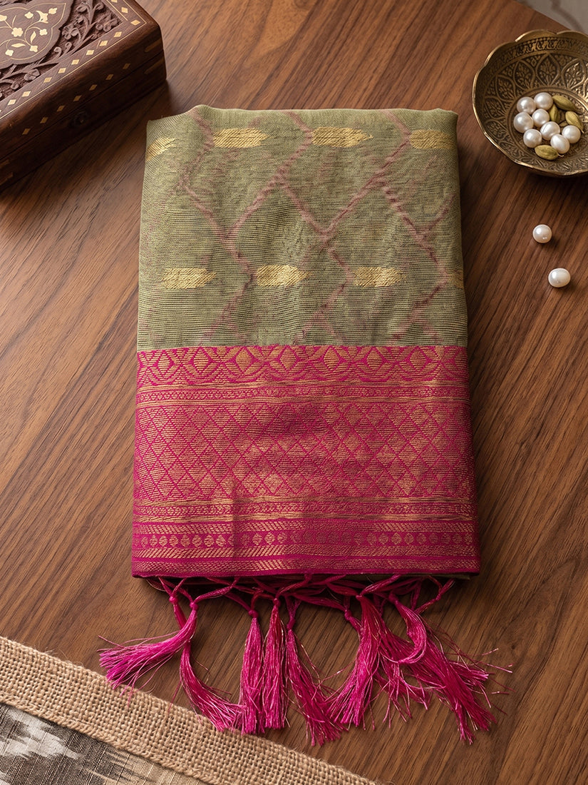 Monjolika Fashion Beige Cotton-Silk Blend Saree with Contrast Rani Pink Zari Border | Grocsy