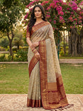 Monjolika Fashion Beige Cotton-Silk Blend Saree with Contrast Maroon Zari Border | Grocsy