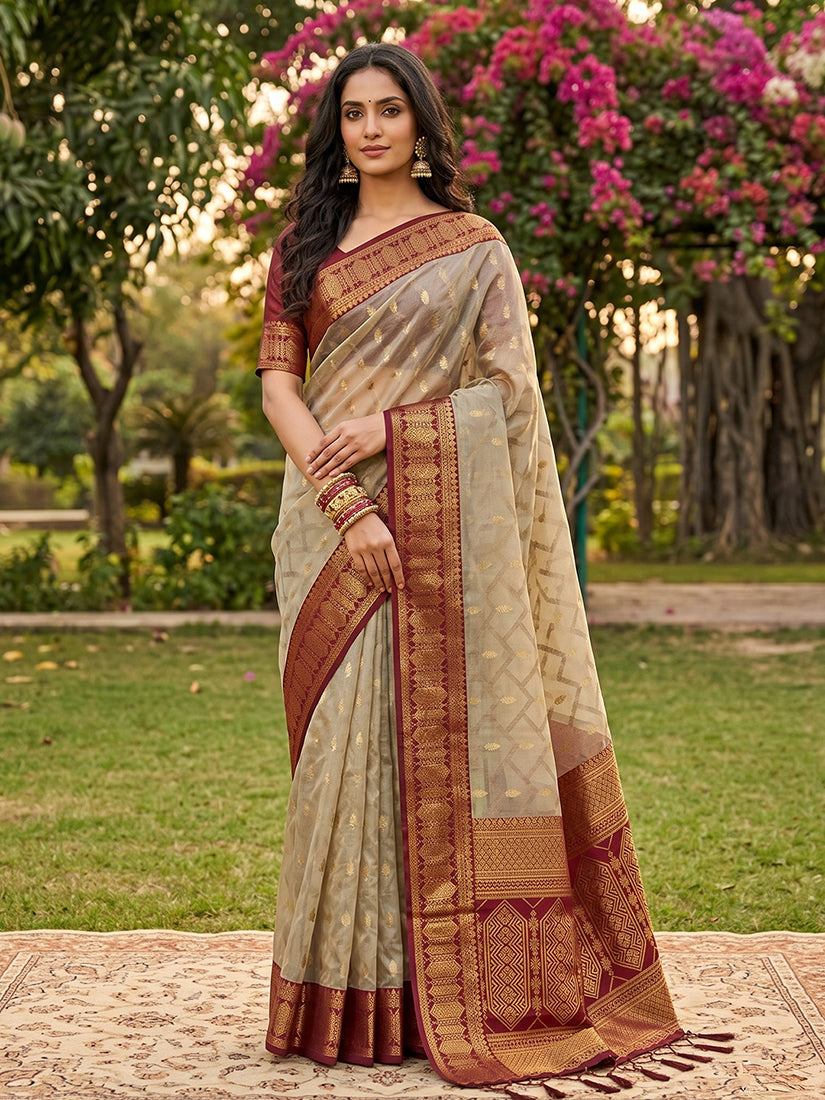 Monjolika Fashion Beige Cotton-Silk Blend Saree with Contrast Maroon Zari Border | Grocsy