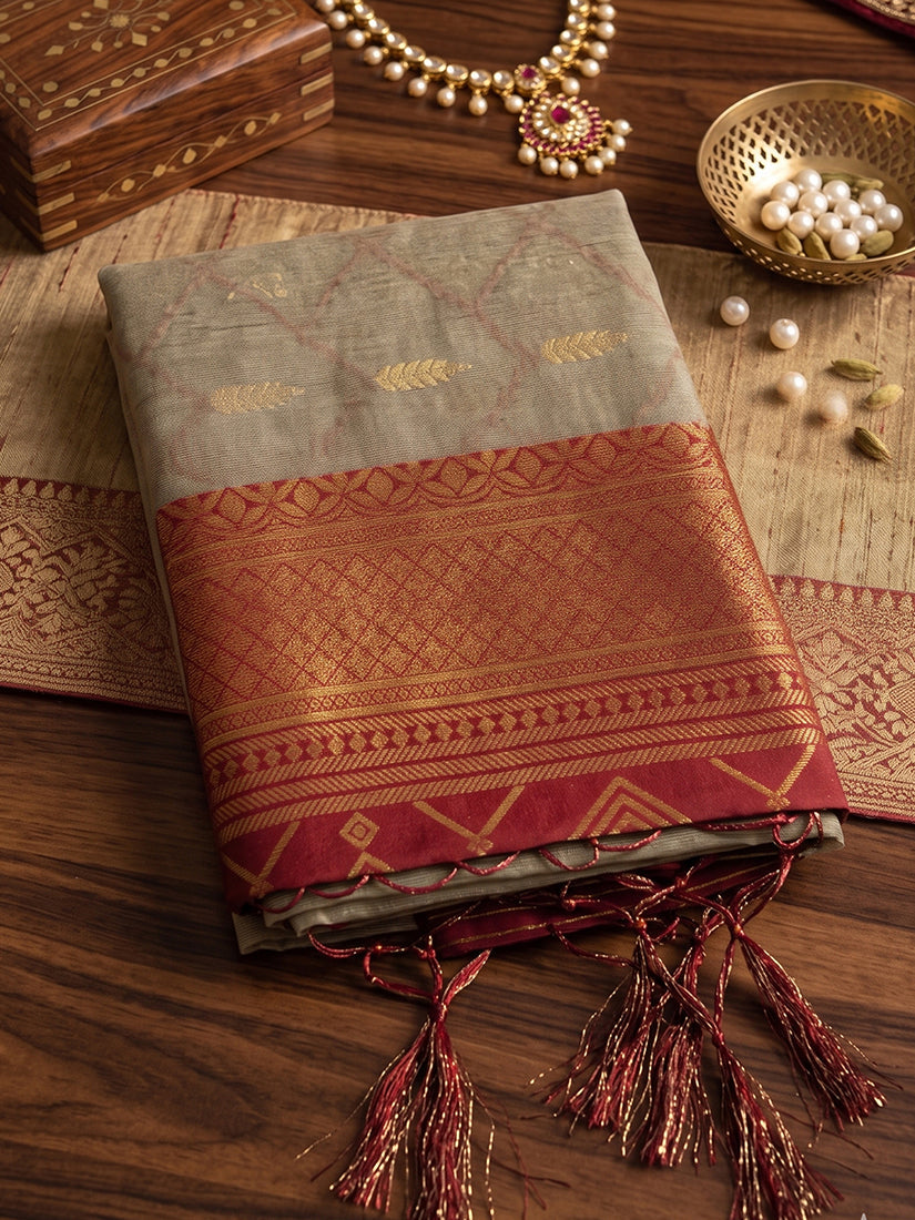 Monjolika Fashion Beige Cotton-Silk Blend Saree with Contrast Maroon Zari Border | Grocsy