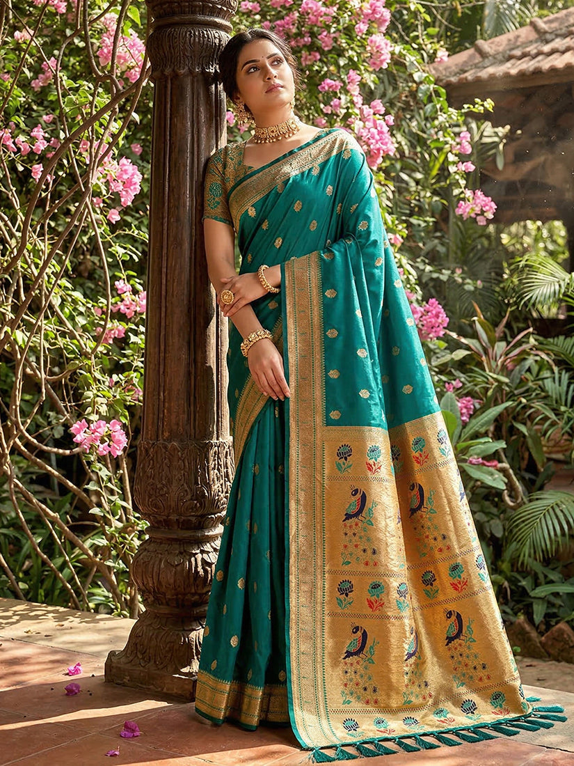 Monjolika Fashion Teal Banarasi Silk Blend Saree With Peacock Paithani Border | Grocsy