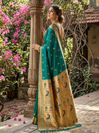Monjolika Fashion Teal Banarasi Silk Blend Saree With Peacock Paithani Border | Grocsy