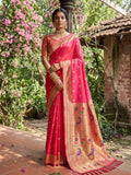 Monjolika Fashion Rani Pink Banarasi Silk Blend Saree With Peacock Paithani Border | Grocsy