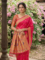 Monjolika Fashion Rani Pink Banarasi Silk Blend Saree With Peacock Paithani Border | Grocsy