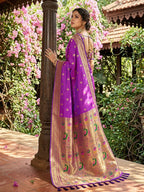 Monjolika Fashion Purple Banarasi Silk Blend Saree With Peacock Paithani Border | Grocsy
