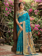 Monjolika Fashion Aqua Blue Banarasi Silk Blend Saree With Peacock Paithani Border | Grocsy