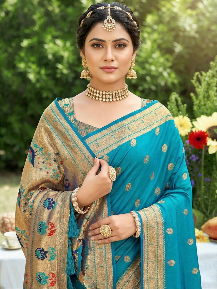 Monjolika Fashion Aqua Blue Banarasi Silk Blend Saree With Peacock Paithani Border | Grocsy