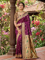 Monjolika Fashion Wine Banarasi Silk Blend Saree With Peacock Paithani Border | Grocsy